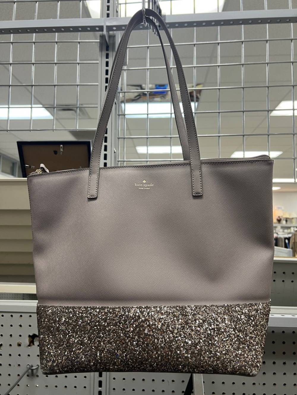 kate spade taupe tote with glitter-bottom